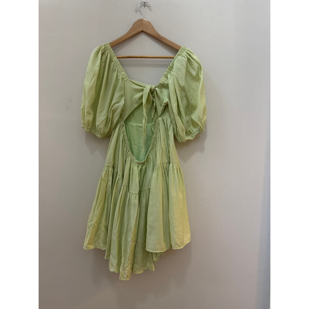 Mable Cottagecore Milkmaid Ruffle Mini Dress Open Back with Bow Size Med Green - Picture 3 of 5